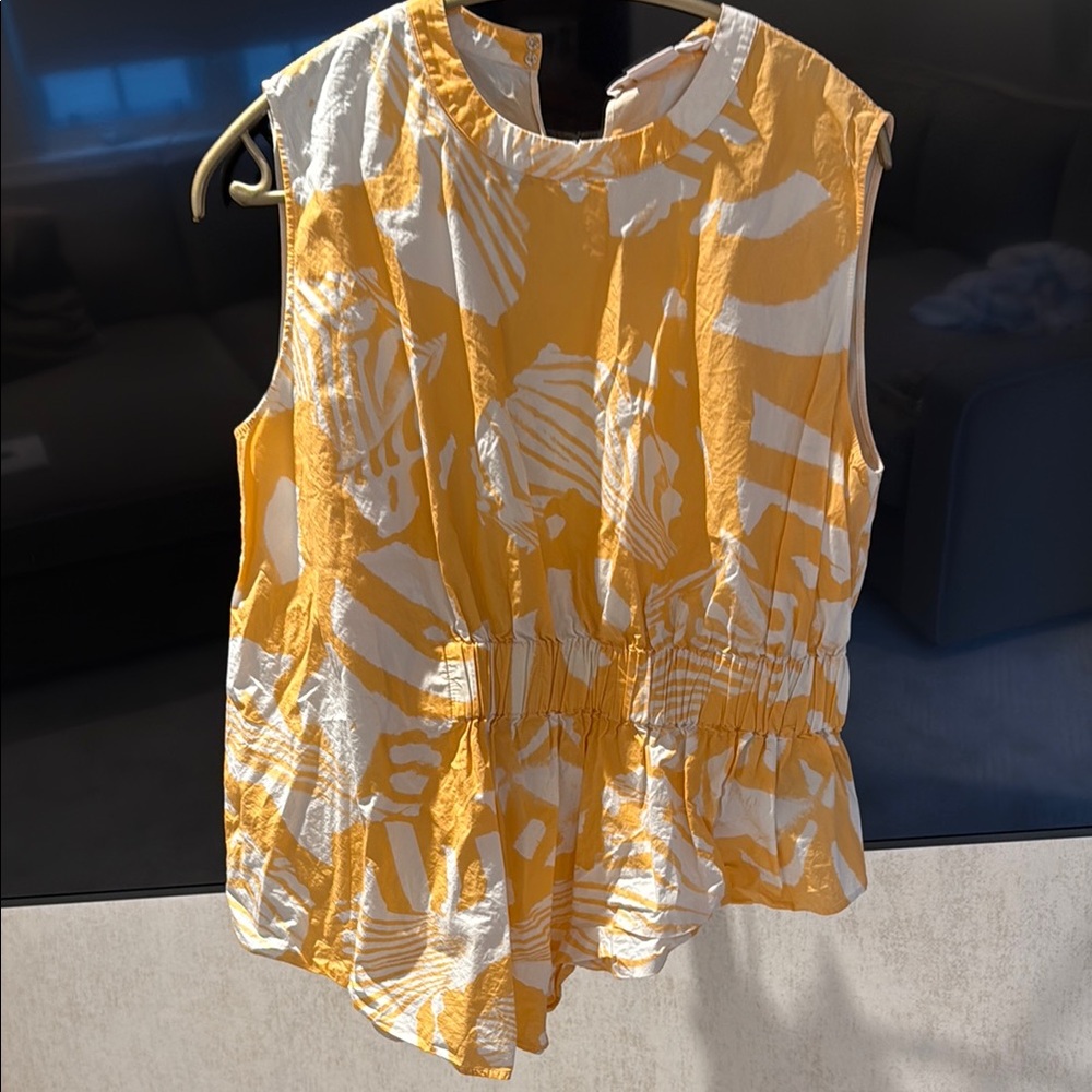 Yellow and White Asymmetrical Pleated Blouse